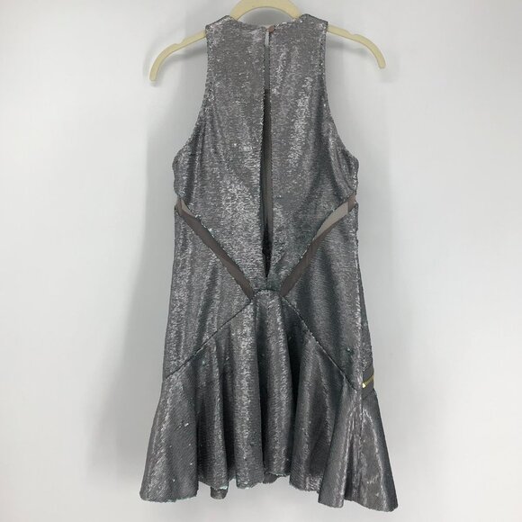 Three Floor Shine On Sequin Dress in Silver Mint Zippers + Mesh Cutouts size 6 - Picture 4 of 16